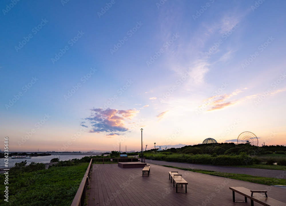 初夏の葛西臨海公園 水族館と観覧車の夕景