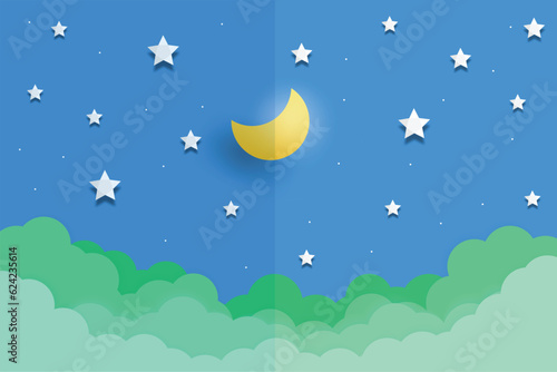 night sky with stars and moon. paper art style. Dreamy background with moon stars and clouds, abstract fantasy background. Half moon, stars and clouds on the dark night sky background.