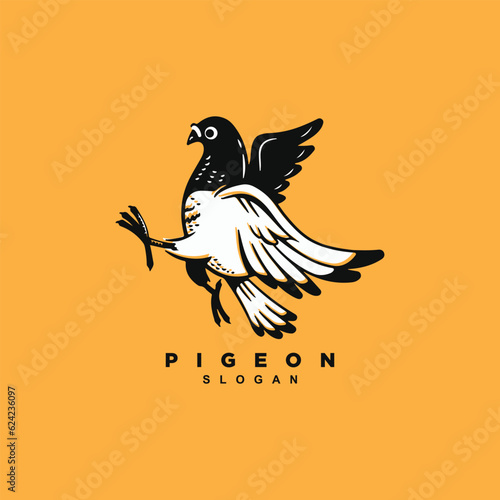 Vintage hand drawn pigeon bird logo design isolated on yellow background