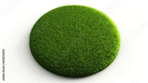 Round surface patch covered with green grass isolated on white background