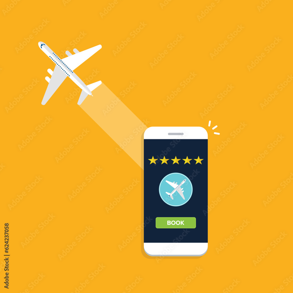 Book airplane travel flight button on mobile phone, review rate stars of airline smartphone app, best trip rating. Vector illustration Book airplane travel flight button on mobile phone, review rate stars of airline smartphone app, best trip rating. Vector illustration