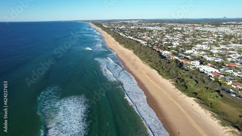 Pullback Flight Above Kawana Beach Near Buddina Foreshore Reserve On Sunshine Coast In Queensland, Australia. aerial photo