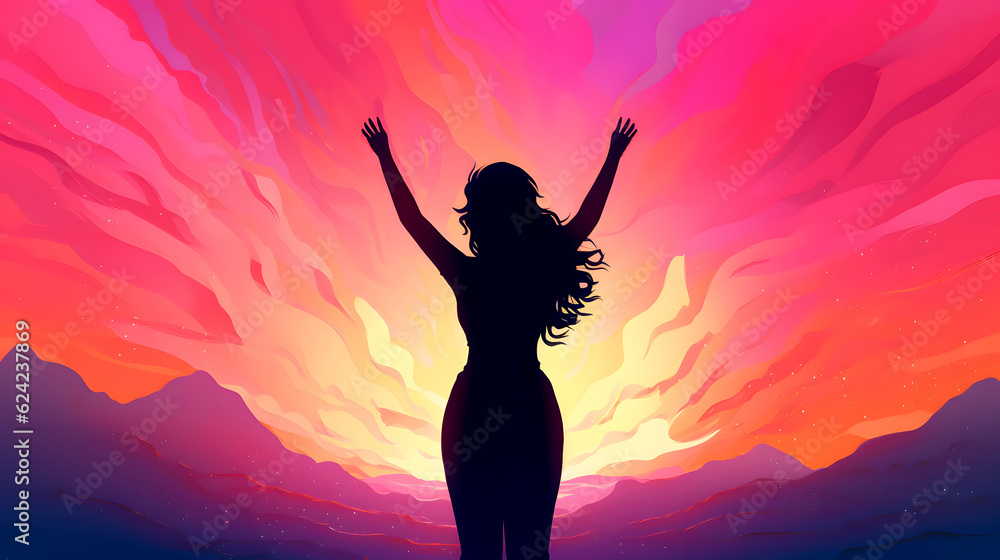 Women day wallpaper, a silhouette of a woman with her hands rised in the air on colorful red and yellow background, neural network generated image