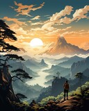 A hiker admiring a breathtaking panoramic view atop a majestic mountain. (Illustration, Generative AI)