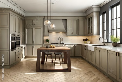 Premium luxury modern simple kitchen interior. Empty beige kitchen room boho style