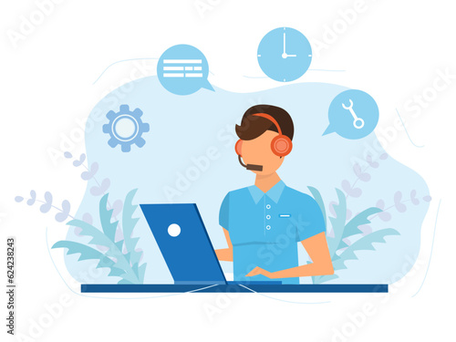 Man operators in headset advising customers flat style design.Call center workers help clients.Call center, hotline flat vector. illustrator.