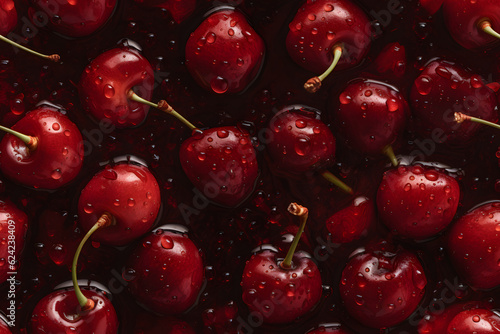 Fresh red cherry with water drops seamless closeup background and texture, neural network generated image