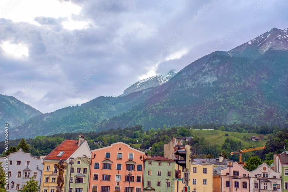 Innsbruck cityscape and Karwendel mountains, Tyrol, AustriaThe colorful facades