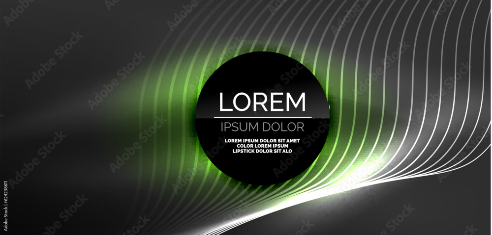 Fototapeta premium Neon laser lines, circles waves abstract background. Neon light or laser show, electric impulse, power lines, techno quantum energy impulse, magic glowing dynamic lines