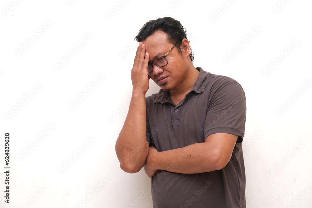 asian man with expression thinking about something, isolated white background asian man with expression thinking about something, isolated white background