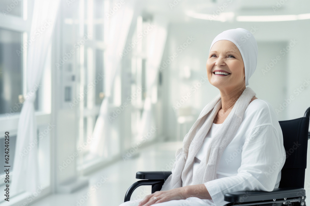 Happy senior caucasian female cancer patient wearing head scarf in wheelchair at hospital Happy senior caucasian female cancer patient wearing head scarf in wheelchair at hospital