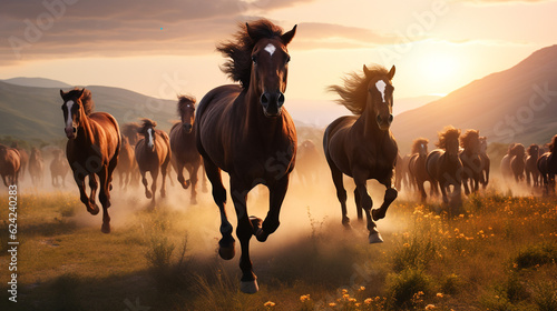 illustration of horses running across the field under the light of the setting sun. Created with Generative AI  © agrus_aiart