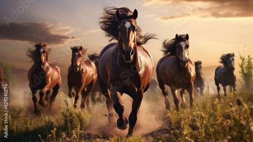 illustration of horses running across the field under the light of the setting sun. Created with Generative AI 