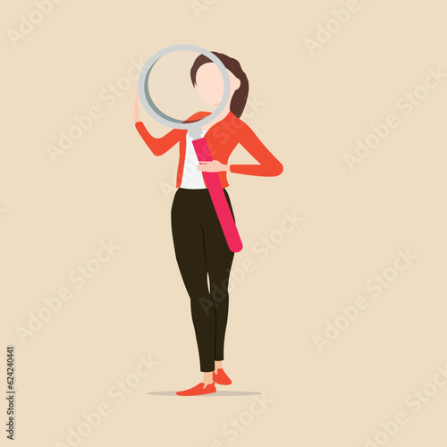 2D Vector Cartoon Woman Holding Big Magnifying Glass. Female Inspects or Research Something far loupe. Concept of Analysis and Finding Business solutions. Vector Illustration.