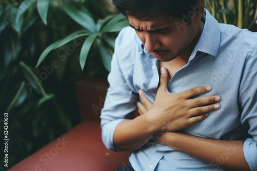Young man pressing on chest with painful expression. Severe heartache, having heart attack or painful cramps, heart disease.