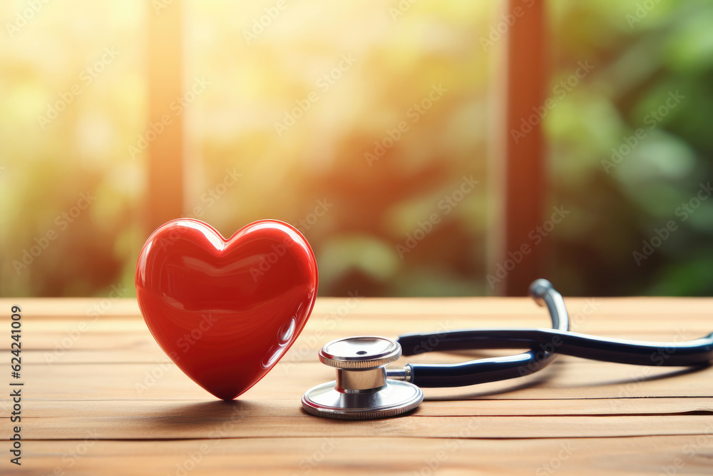 Stethoscope and red heart on wooden table. Cardiology concept Stethoscope and red heart on wooden table. Cardiology concept