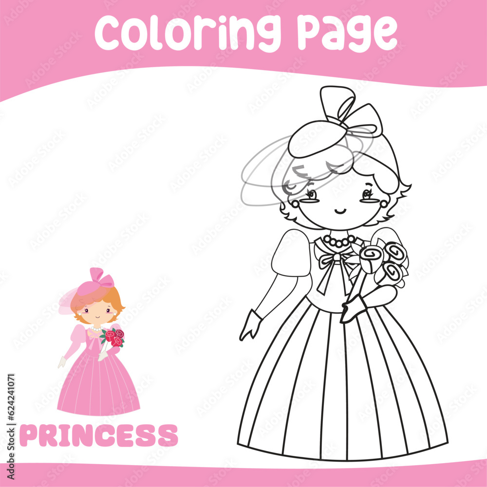 Coloring page a fairy tale Medieval Kingdom black and white the cute princess in pink dress holding a bouquet of flower. Vector outline fantasy monarch kingdom a princess. Medieval fairytale princess Coloring page a fairy tale Medieval Kingdom black and white the cute princess in pink dress holding a bouquet of flower. Vector outline fantasy monarch kingdom a princess. Medieval fairytale princess