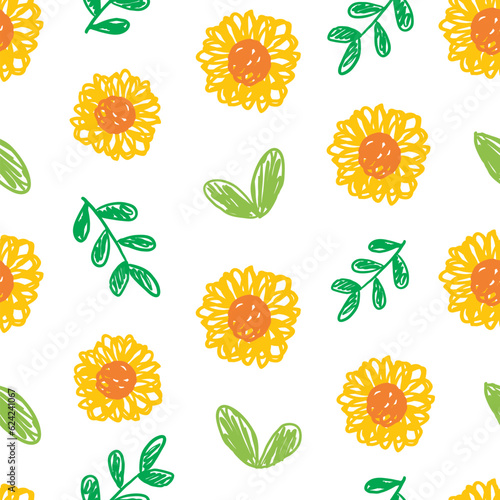 Seamless Pattern with Hand Drawn Sunflower and Leaf Design on White Background