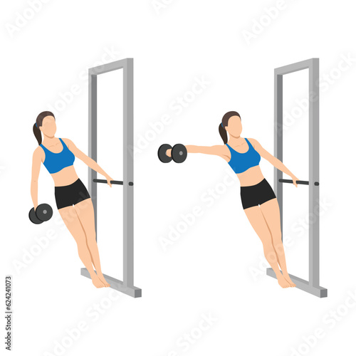 Woman doing leaning one arm or single handed dumbbell lateral raise exercise. Flat vector illustration isolated on white background