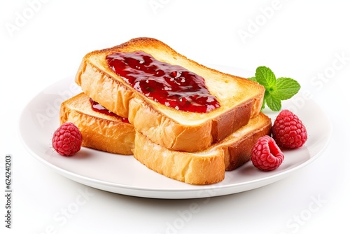 Toast bread with raspberry jam on plate isolated on white background