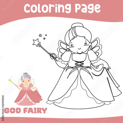 Coloring page a fairy tale Medieval Kingdom black and white the fairy godmother. Vector outline fantasy monarch kingdom. Medieval fairytale a fairy godmother cartoon character. 