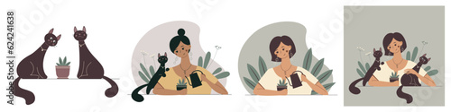 Set of cards with cute cartoon woman and her cats. Nice girl with home plant and pet. Vector cozy illustration in a flat style.