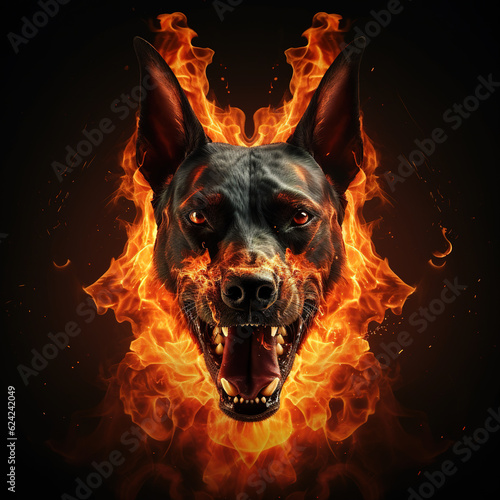 Image of angry black dog face and flames on dark background. Pet. Illustration, Generative AI.