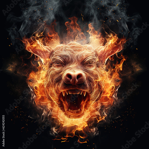 Image of angry pig face and flames on dark background. Farm animals. Illustration, Generative AI.