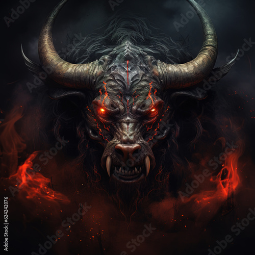 Image of angrya a bull face demon and flames on dark background. Wildlife Animals. Illustration, Generative AI.
