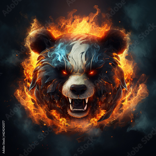 Image of angry panda face and flames on dark background. Wildlife Animals. Illustration, Generative AI.