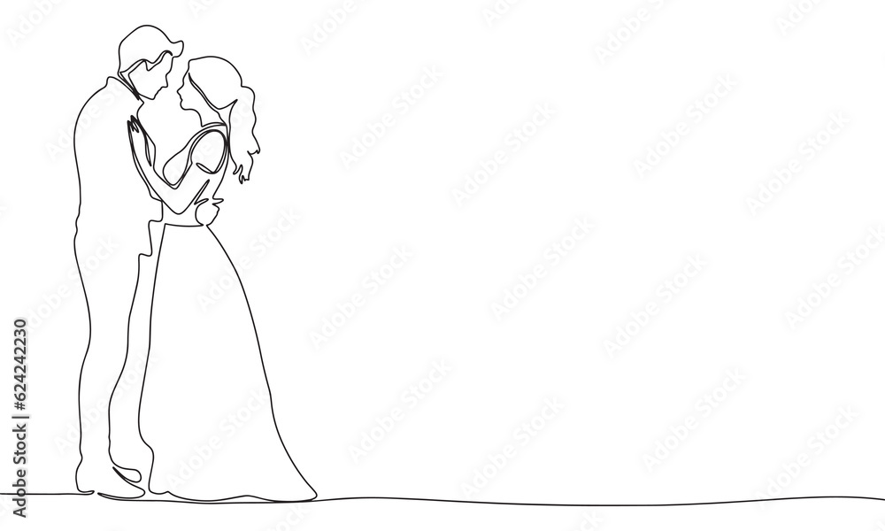 Fototapeta premium Couple with love. One line continuous wedding banner concept. Line art, outline, minimal vector illustration.