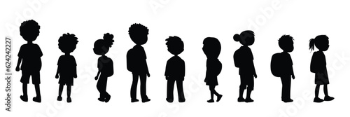 Vector silhouettes children, standing in a row. Children are going in school. 