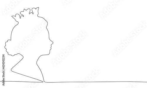 Silhouette queen or princess with crown. One line continuous royal banner concept. Line art, outline, minimal vector illustration.