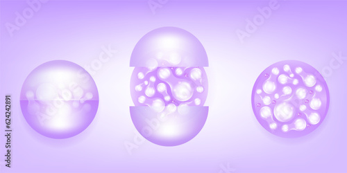 Probiotic and Hyaluronic acid skin solutions ad, purple collagen, and vitamin serum drop with cosmetic advertising background ready to use illustration vector.