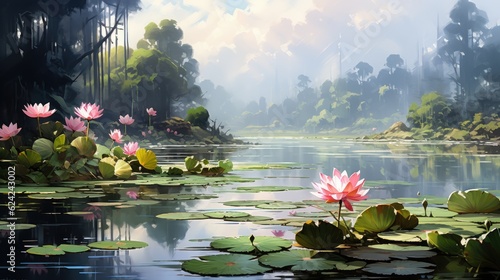 Fényképezés Sky the pond or river with beautiful white pink lotus and water lily pad