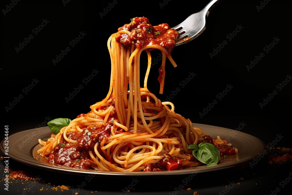 Appetizing spaghetti rolled on fork with typical Italian sauce - obrazy, fototapety, plakaty 