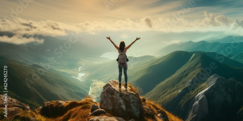 A woman standing on top of a mountain with raised hands. Generative AI image