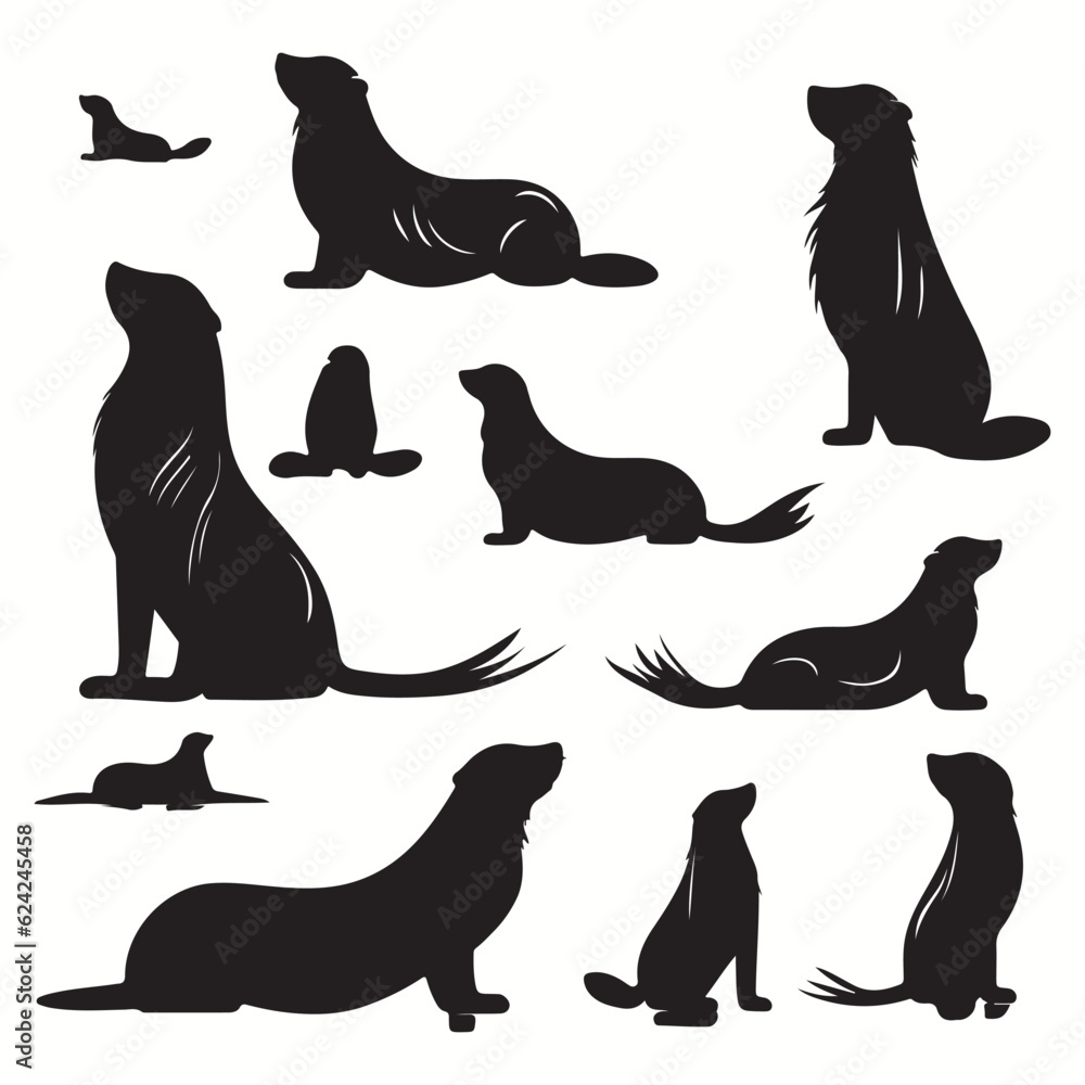 Fur Seal silhouettes and icons. Black flat color simple elegant Fur Seal animal vector and illustration. Fur Seal silhouettes and icons. Black flat color simple elegant Fur Seal animal vector and illustration.