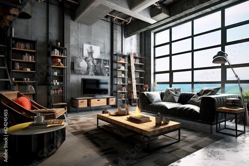 Interior of a loft living room with a sofa and a coffee table © ttonaorh