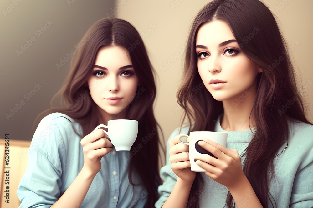 two people drinking coffee.Generative AI two people drinking coffee.Generative AI