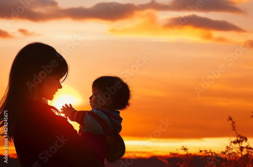 A scene of a mother holding her child at sunset