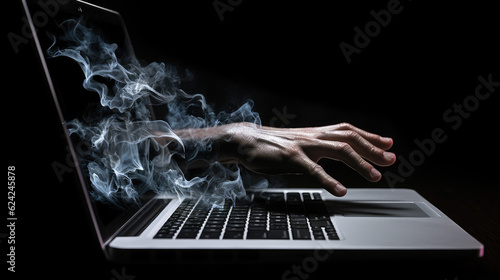 Hand grabbing through a laptop screen