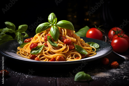 delicious spaghetti garnish with vegetable, generative AI