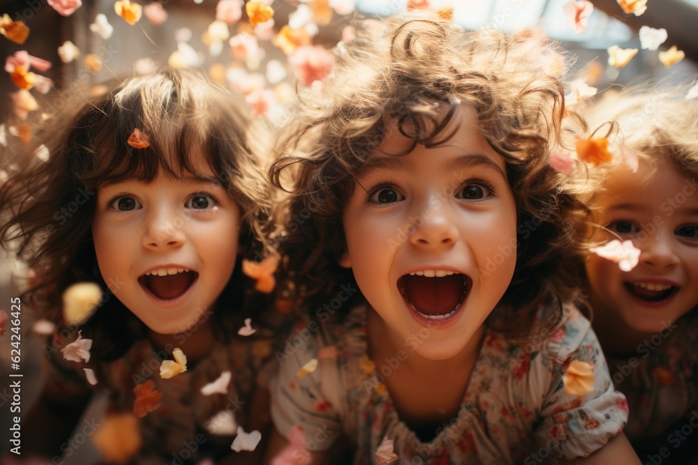 Children's group. Happy multicultural children having fun celebrating their birthdays with colorful confetti. child birthday concept Children's group. Happy multicultural children having fun celebrating their birthdays with colorful confetti. child birthday concept
