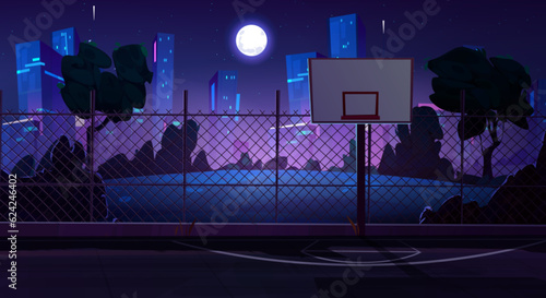 Night street basketball court cartoon background. School outdoor playground stadium near dark city park with tree silhouettes and neon urban skyline illustration. Empty outside sport competition arena