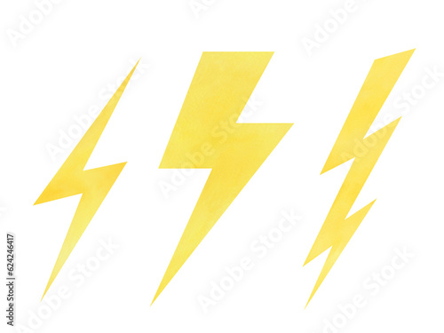 Watercolor illustration of lightning in yellow color isolated on white background. Drawn by hand. Element for design and decoration. Set of bright arrows. photo
