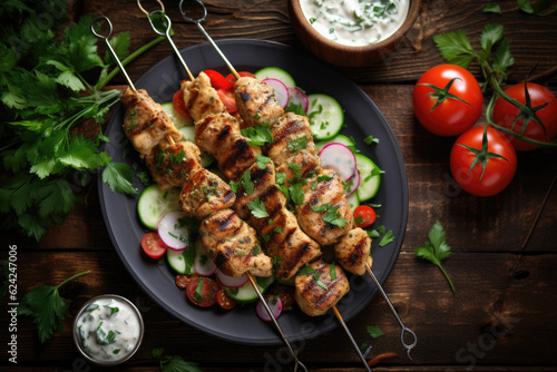 Grilled chicken skewers sprinkled with chopped fresh parsley