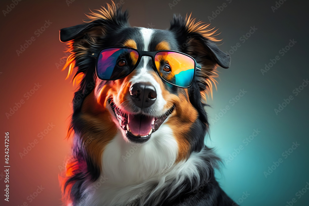 Happy dog with sunglasses. Portrait of smiling dog wearing sunglasses. Happy pet concept. Generative AI Happy dog with sunglasses. Portrait of smiling dog wearing sunglasses. Happy pet concept. Generative AI