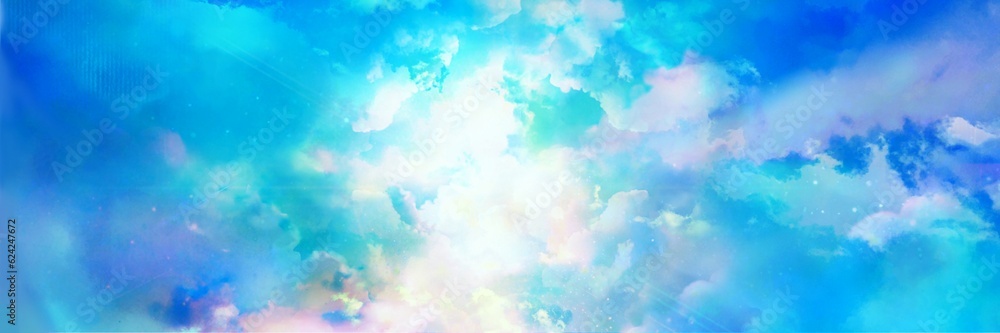 Wide size Illustration of the mysterious sky leading to the heaven and the divine light shining through a gap in the sea of clouds Beyond the falling white