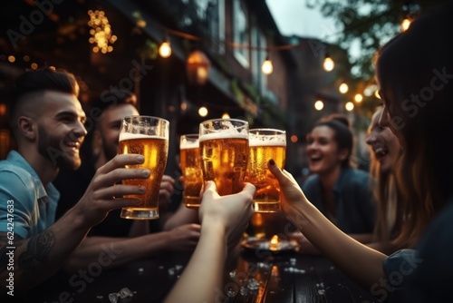 People raising beer mugs at pub, brewery, happy friends cheering, happy hour at bar party, social gathering time concept.